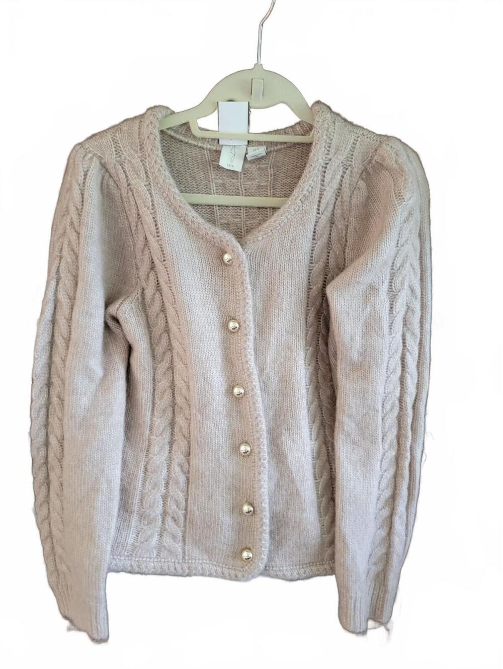 Joie Women's Medium Beige Cable Knit Button-Up Cardigan Sweater